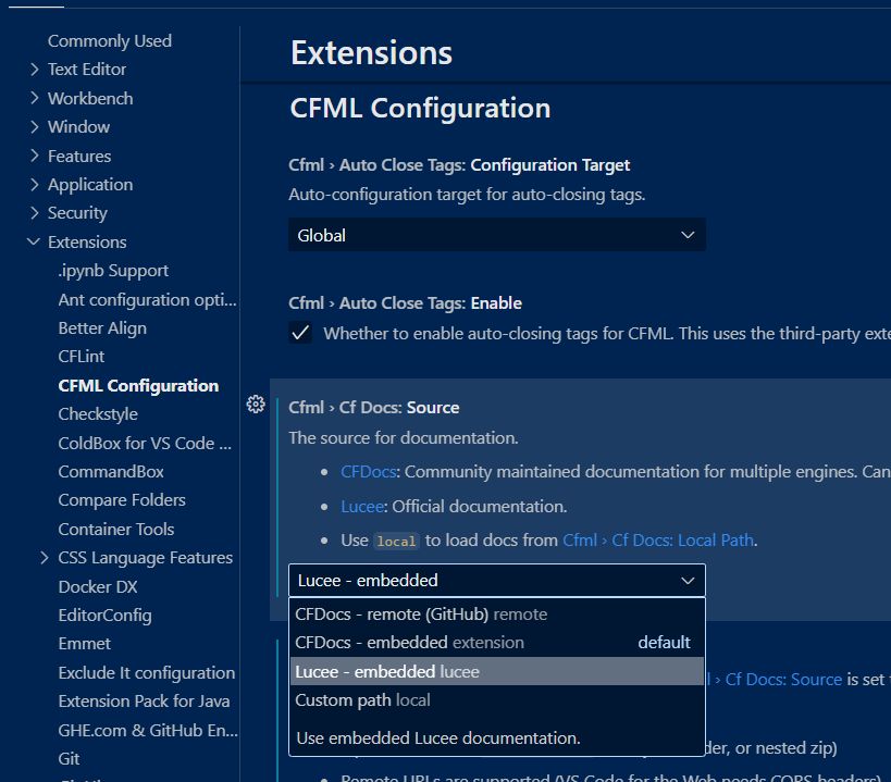 Use Lucee Docs with CFMLEditor